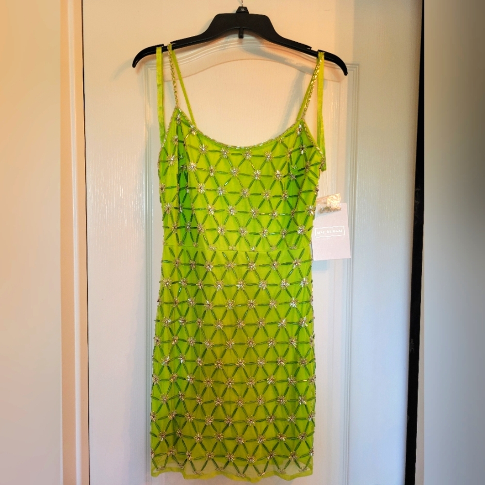Mac Duggal Apple Green Beaded Geometric Mini Dress Size 6